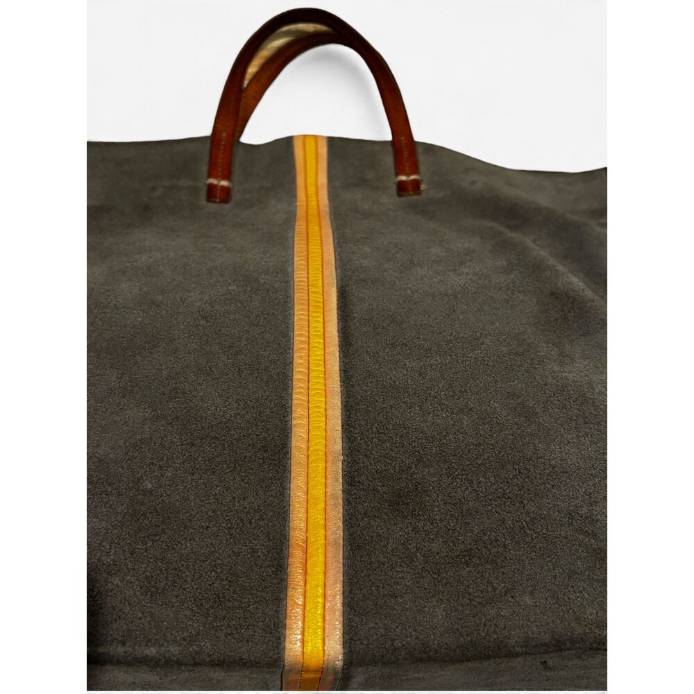 Clare V. Simple Tote Olive Suede Yellow Stripe Leather Handles Detachable Strap - Picture 2 of 9
